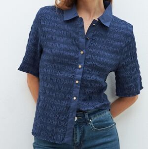 J. Crew Smocked Textured Navy button-up cotton-blend voile Shirt Size XL